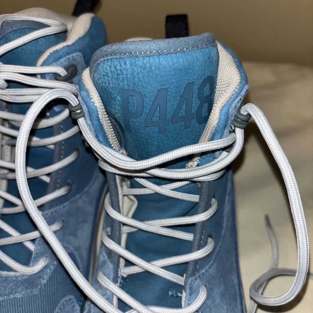 New $298 P448 Hi-top Viking Sneakers 41 Men 9 Women 10.5 / 11 Blue Sand Leather